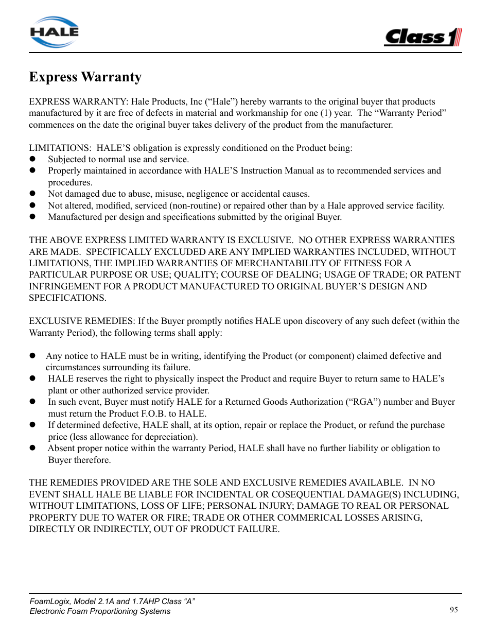 Express warranty | Class1 FoamLogix 2.1A & 1.7AHP REV D User Manual | Page 95 / 96
