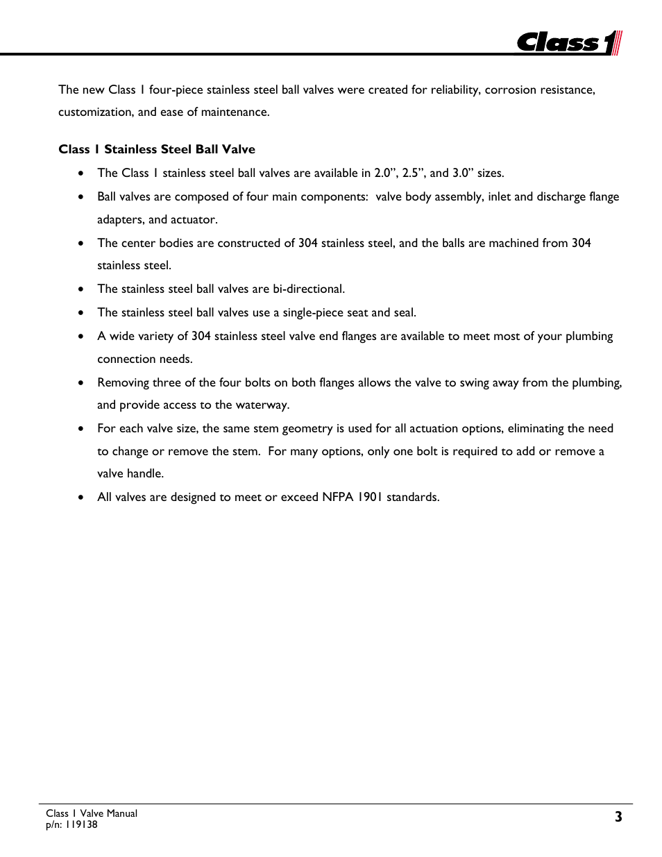 Class 1 stainless steel ball valve | Class1 Valve - 119138 User Manual | Page 3 / 30