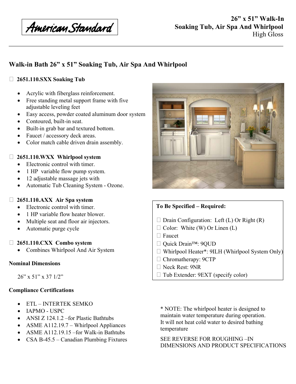 American Standard 2651.110.WXX User Manual | 2 pages