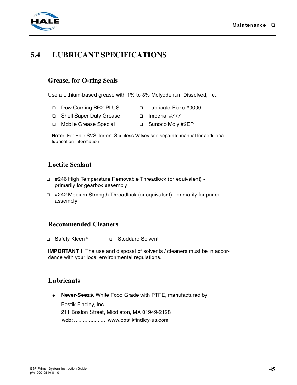 4 lubricant specifications, Grease, for o-ring seals, Loctite sealant | Recommended cleaners, Lubricants, Lubricant specifications | Hale ESP Priming System User Manual | Page 45 / 70