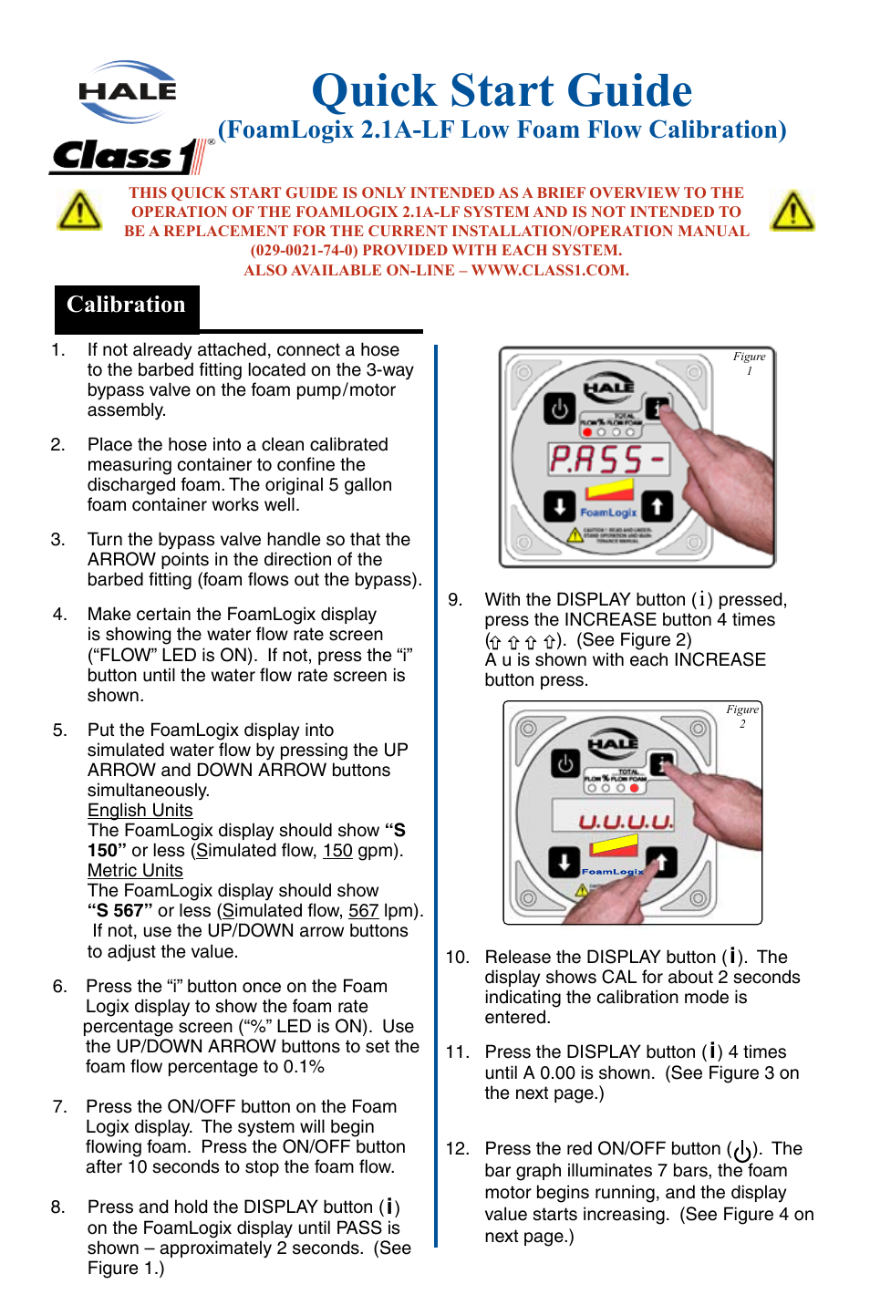 Hale FoamLogix 2.1A-LF Low Foam Flow Calibration User Manual | 2 pages