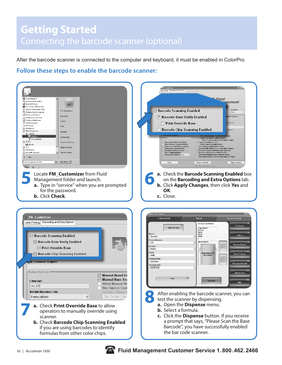 Getting started, Connecting the barcode scanner (optional) | Fluid Management 1500HS Accutinter User Manual | Page 18 / 44