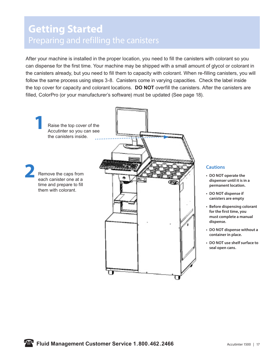 Getting started, Preparing and refilling the canisters | Fluid Management 1500HS Accutinter User Manual | Page 19 / 44
