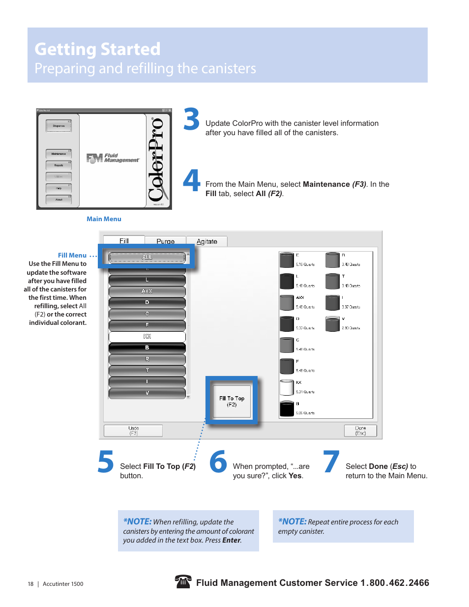 Getting started, Preparing and refilling the canisters | Fluid Management 1500HS Accutinter User Manual | Page 20 / 44