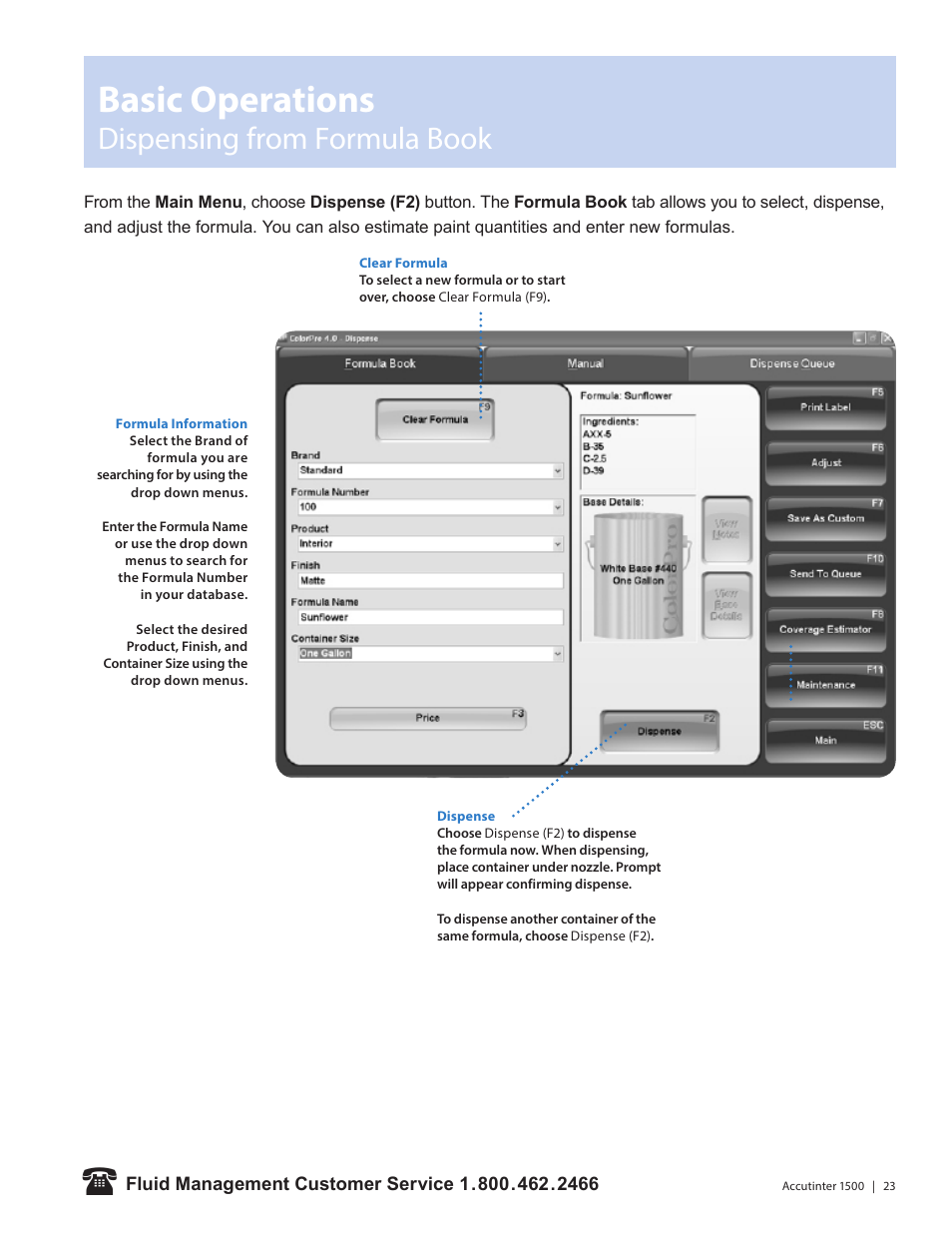Basic operations, Dispensing from formula book | Fluid Management 1500HS Accutinter User Manual | Page 25 / 44