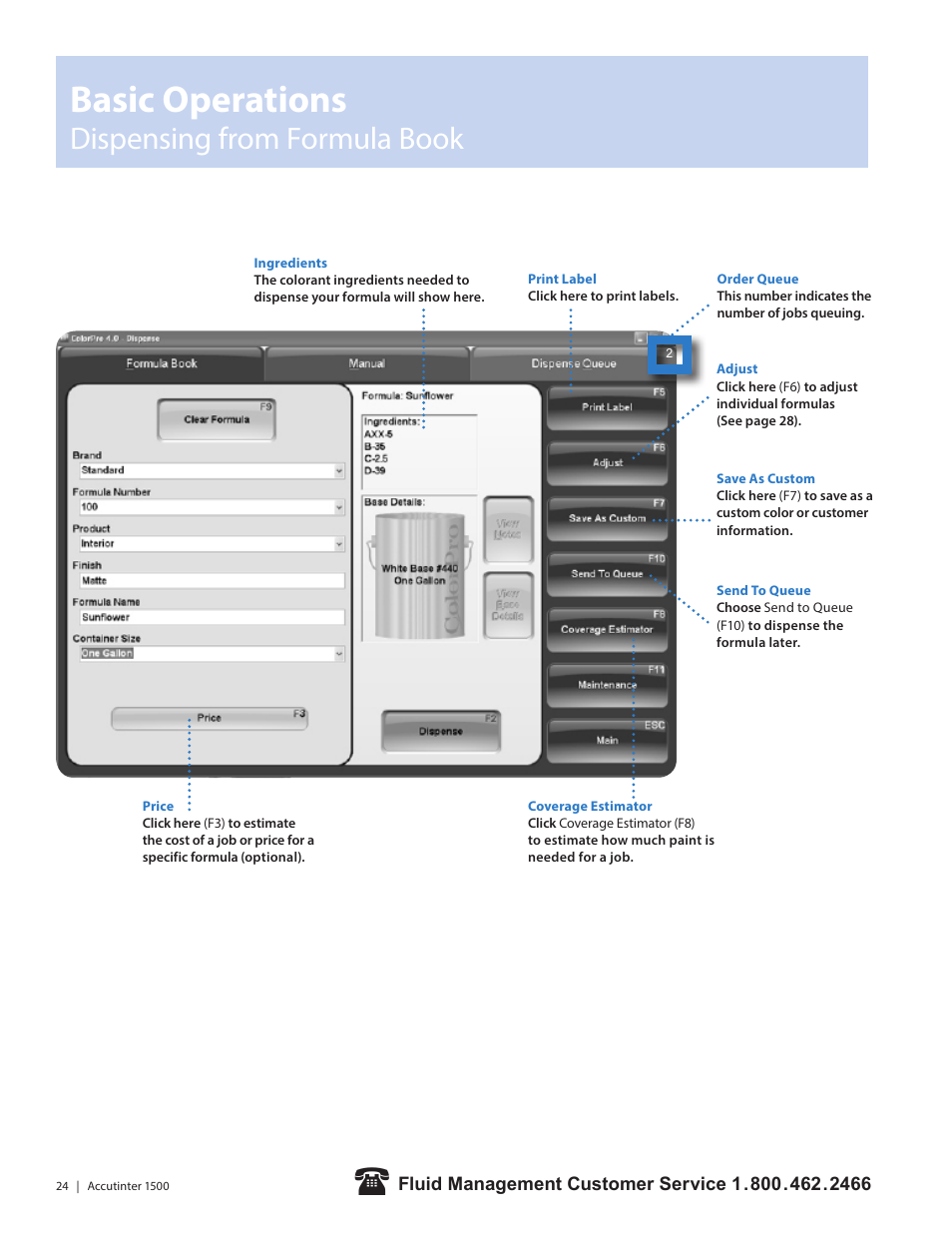 Basic operations, Dispensing from formula book | Fluid Management 1500HS Accutinter User Manual | Page 26 / 44