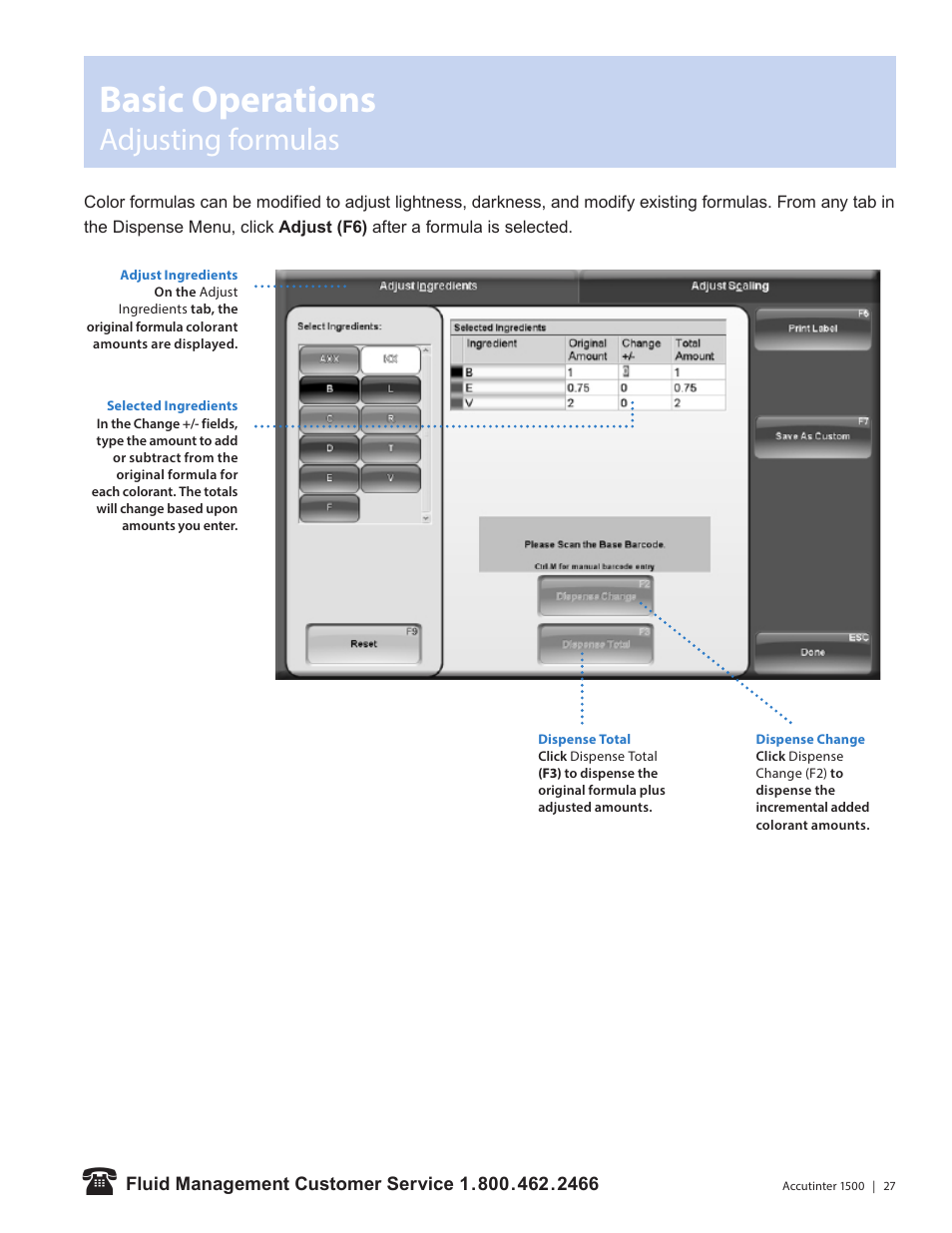 Basic operations, Adjusting formulas | Fluid Management 1500HS Accutinter User Manual | Page 29 / 44
