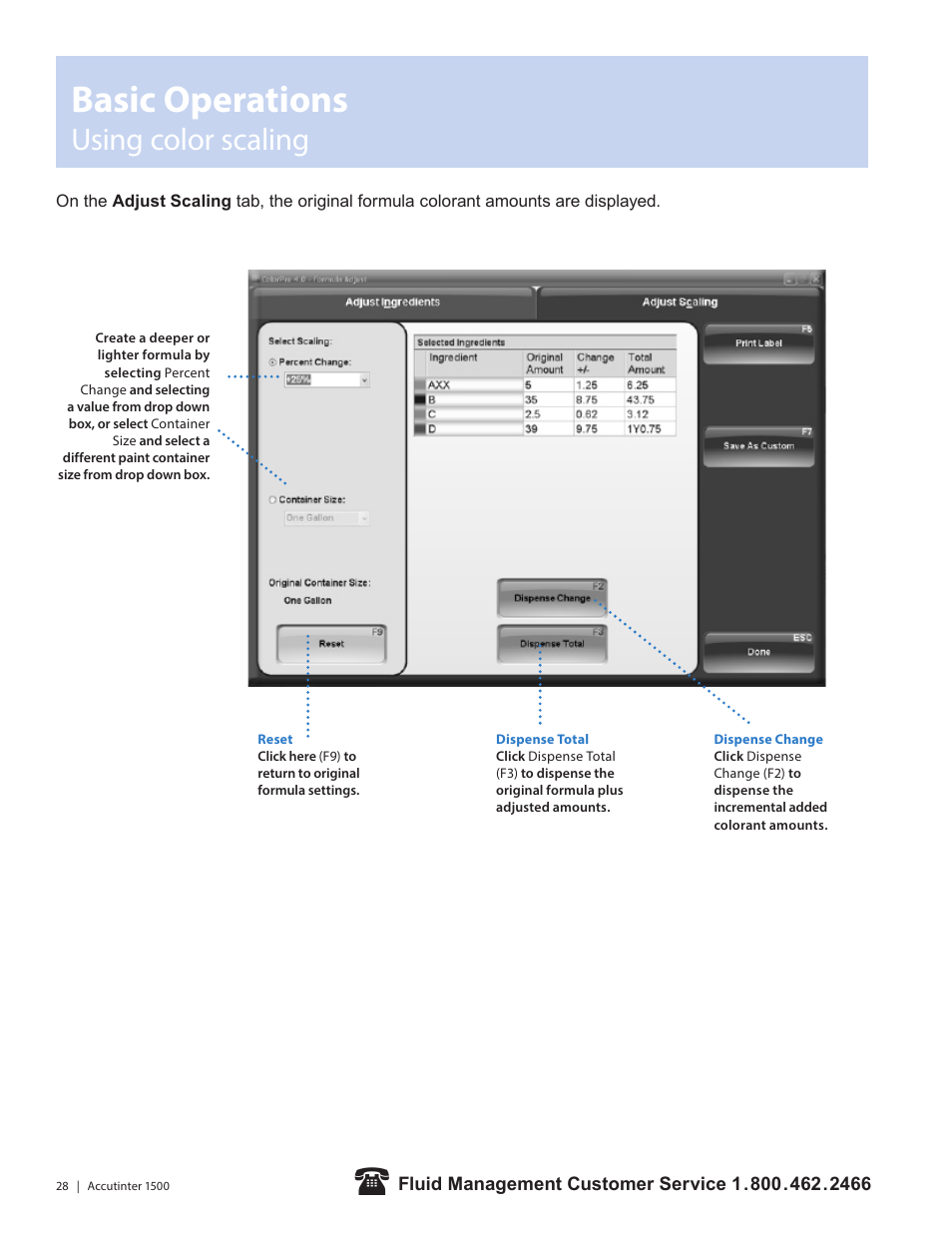 Basic operations, Using color scaling | Fluid Management 1500HS Accutinter User Manual | Page 30 / 44