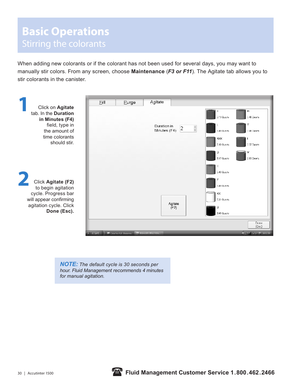 Basic operations, Stirring the colorants | Fluid Management 1500HS Accutinter User Manual | Page 32 / 44