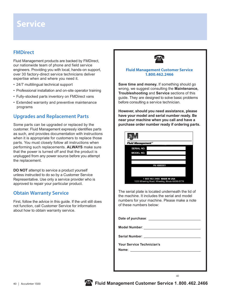 Service, Fmdirect, Upgrades and replacement parts | Obtain warranty service | Fluid Management 1500HS Accutinter User Manual | Page 42 / 44