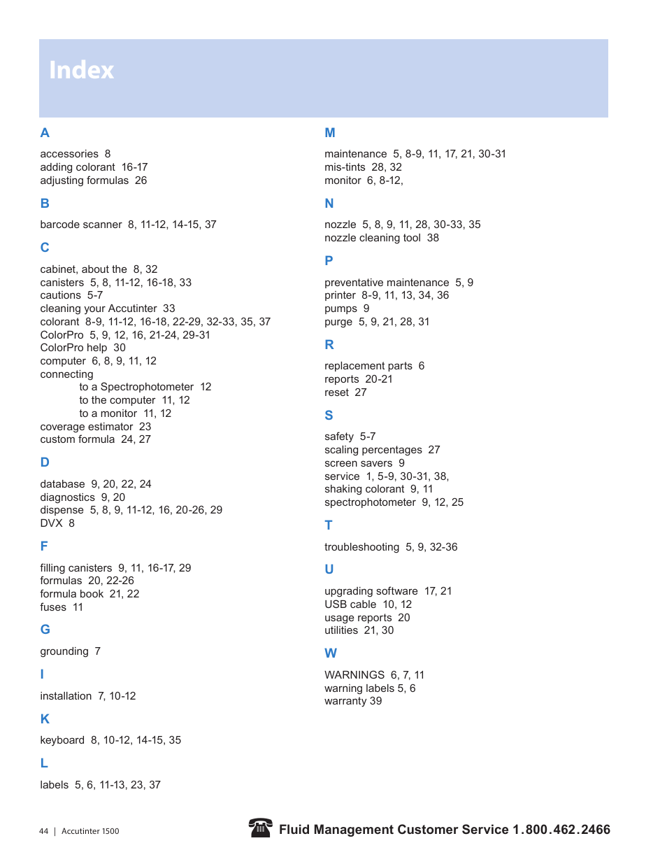 Index | Fluid Management 1500HS Accutinter User Manual | Page 43 / 44