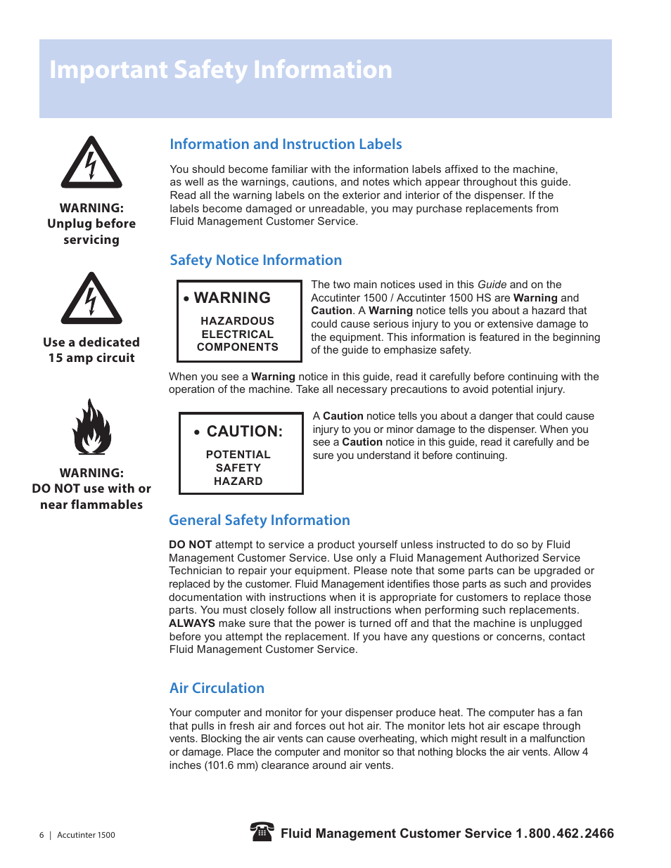 Important safety information, Information and instruction labels, Safety notice information | General safety information, Air circulation, Warning, Caution | Fluid Management 1500HS Accutinter User Manual | Page 8 / 44