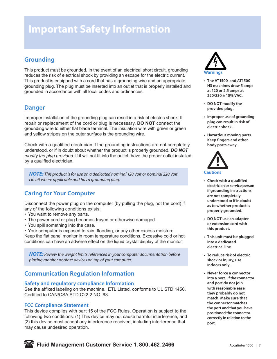 Important safety information, Grounding, Danger | Caring for your computer, Communication regulation information | Fluid Management 1500HS Accutinter User Manual | Page 9 / 44