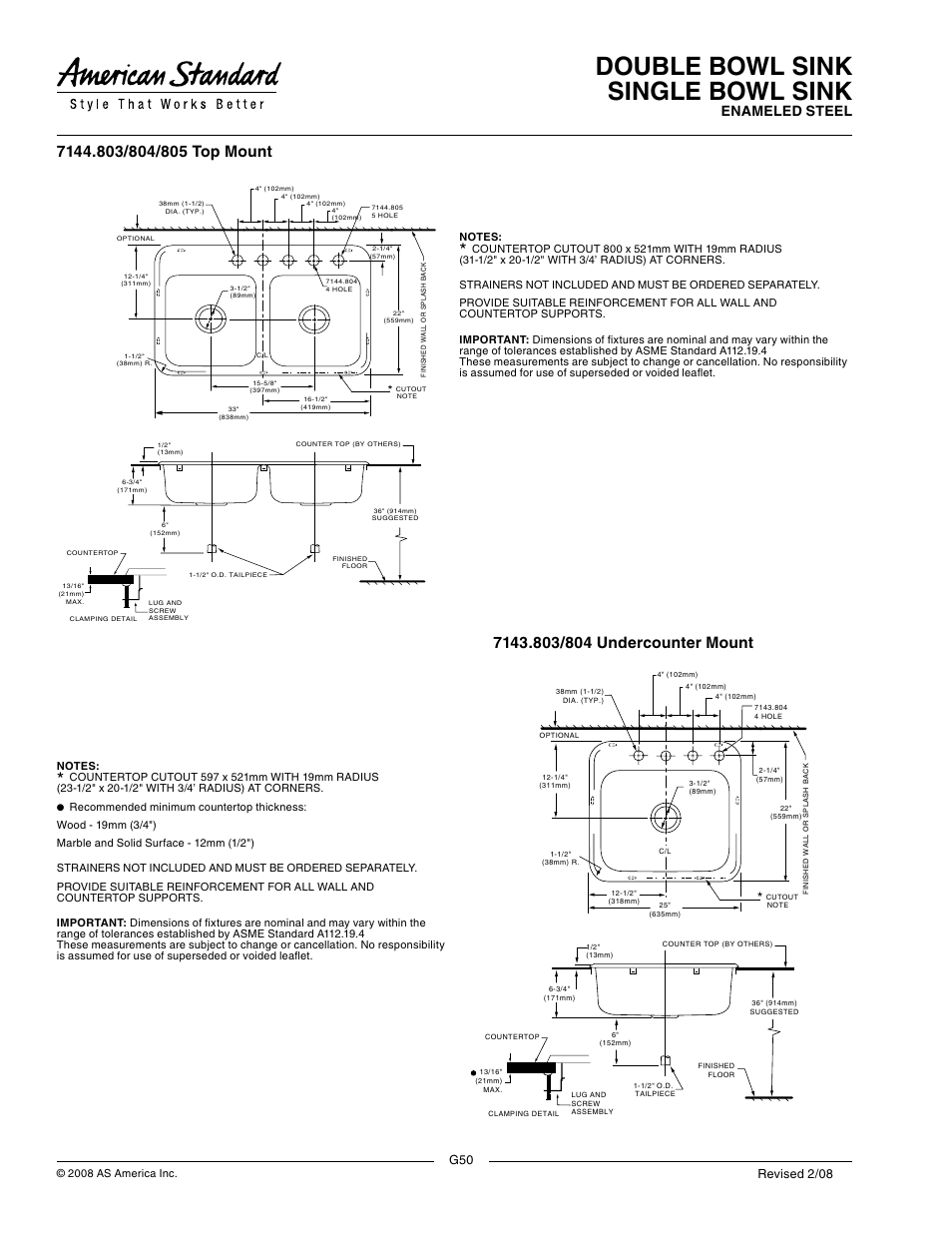 Double bowl sink single bowl sink, Enameled steel, Revised 2/08 | American Standard 7144.803 User Manual | Page 2 / 2