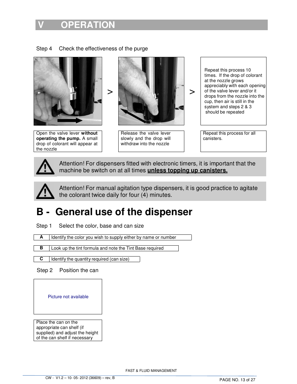 B - general use of the dispenser, Iv operation, Voperation | Fluid Management 22CW Blendorama User Manual | Page 13 / 27