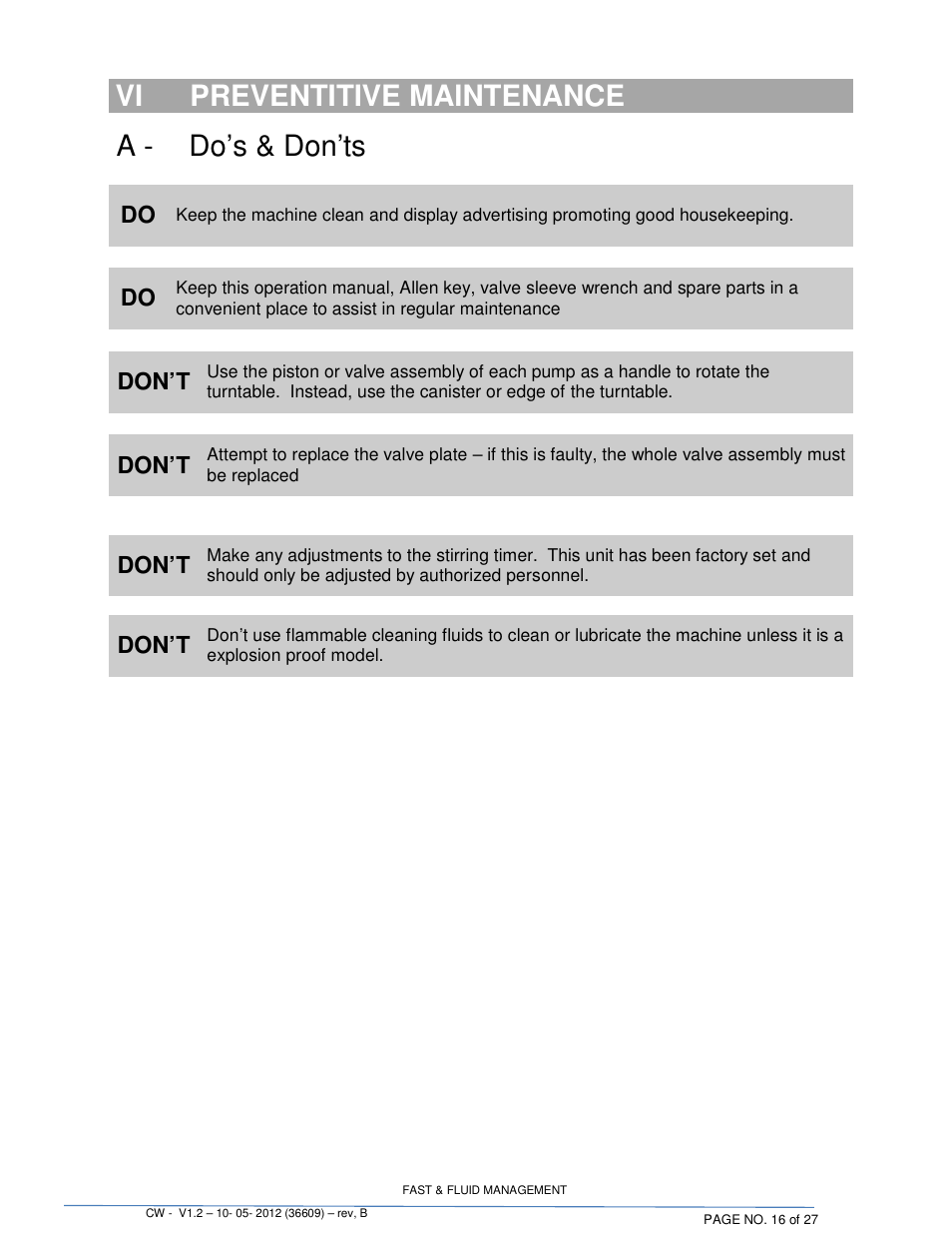 Vi preventitive maintenance, A - do’s & don’ts, Do don’t don’t don’t don’t | Fluid Management 22CW Blendorama User Manual | Page 16 / 27
