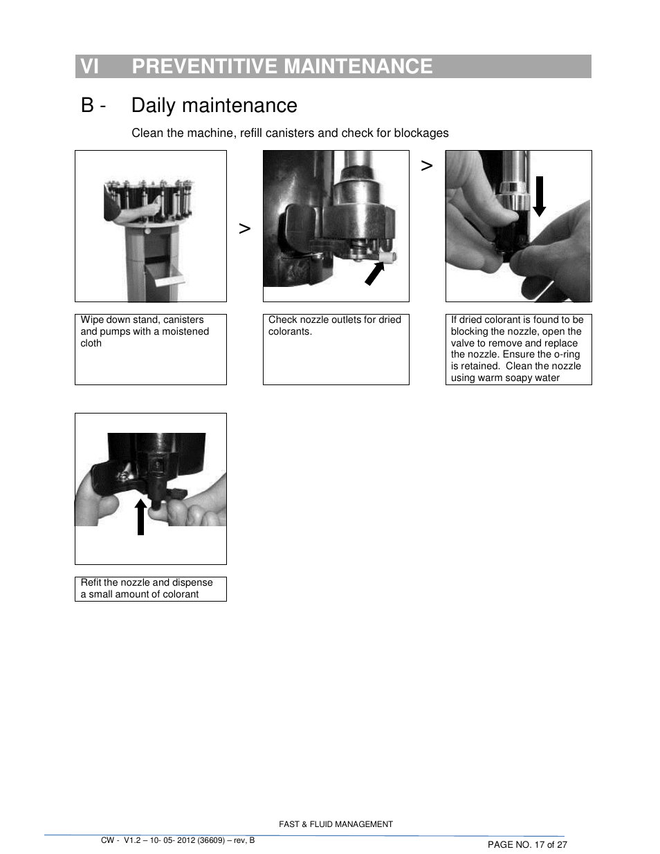 Vi preventitive maintenance, B - daily maintenance | Fluid Management 22CW Blendorama User Manual | Page 17 / 27