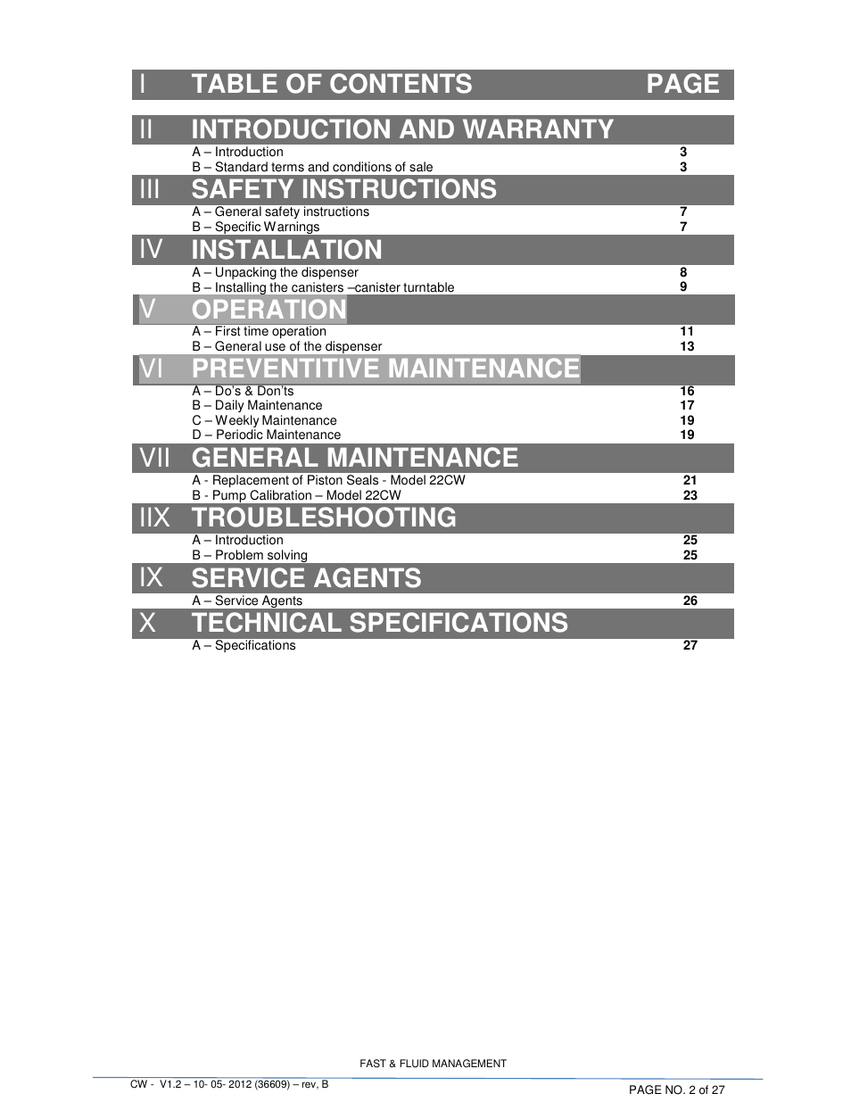 Itable of contents page, Ii introduction and warranty, Iii safety instructions | Iv installation, Voperation, Vi preventitive maintenance, Vii general maintenance, Iix troubleshooting, Ix service agents, Xtechnical specifications | Fluid Management 22CW Blendorama User Manual | Page 2 / 27