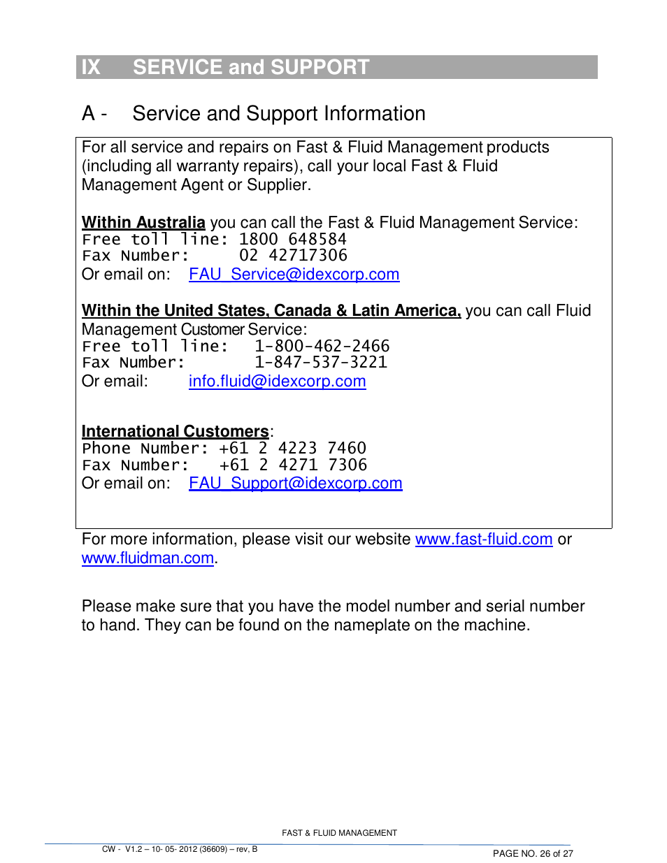 Ix service and support, A - service and support information | Fluid Management 22CW Blendorama User Manual | Page 26 / 27