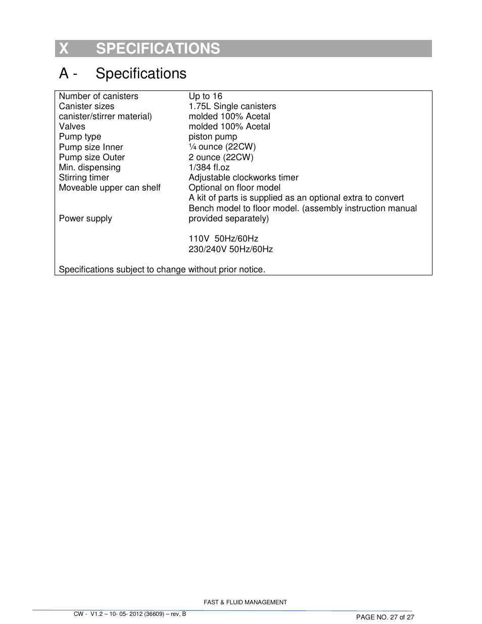 Xspecifications, A - specifications | Fluid Management 22CW Blendorama User Manual | Page 27 / 27