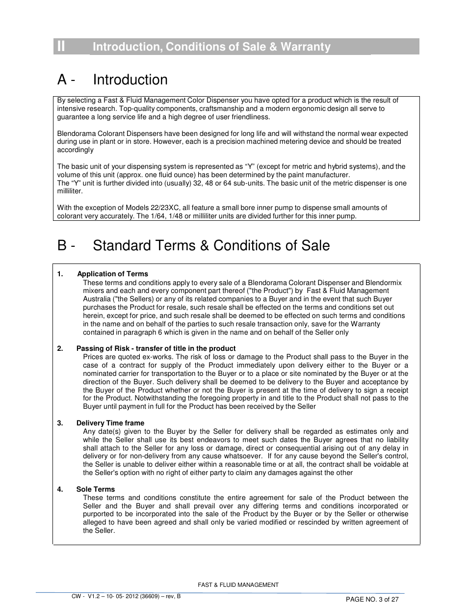 A - introduction, B - standard terms & conditions of sale, Introduction, conditions of sale & warranty | Fluid Management 22CW Blendorama User Manual | Page 3 / 27