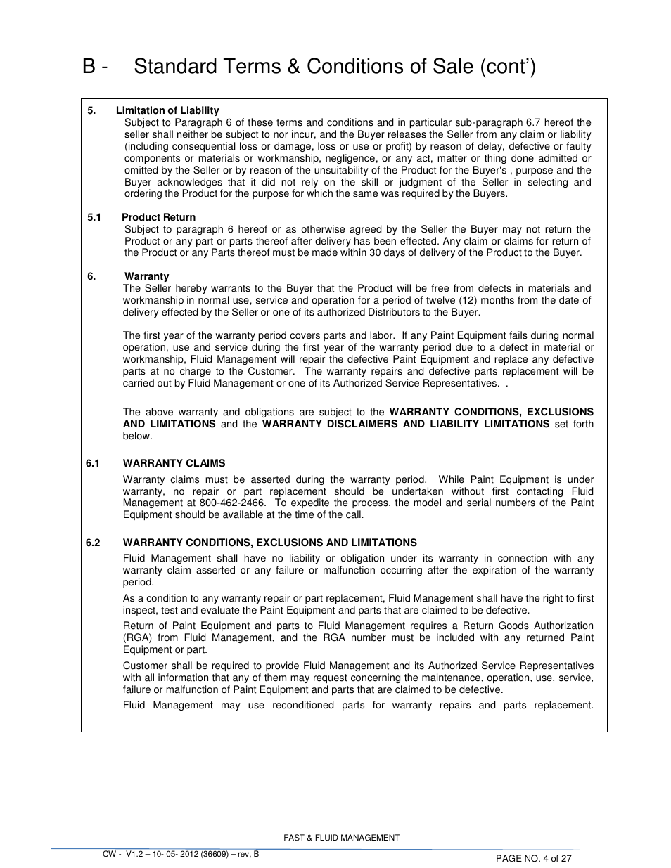 B - standard terms & conditions of sale (cont’) | Fluid Management 22CW Blendorama User Manual | Page 4 / 27