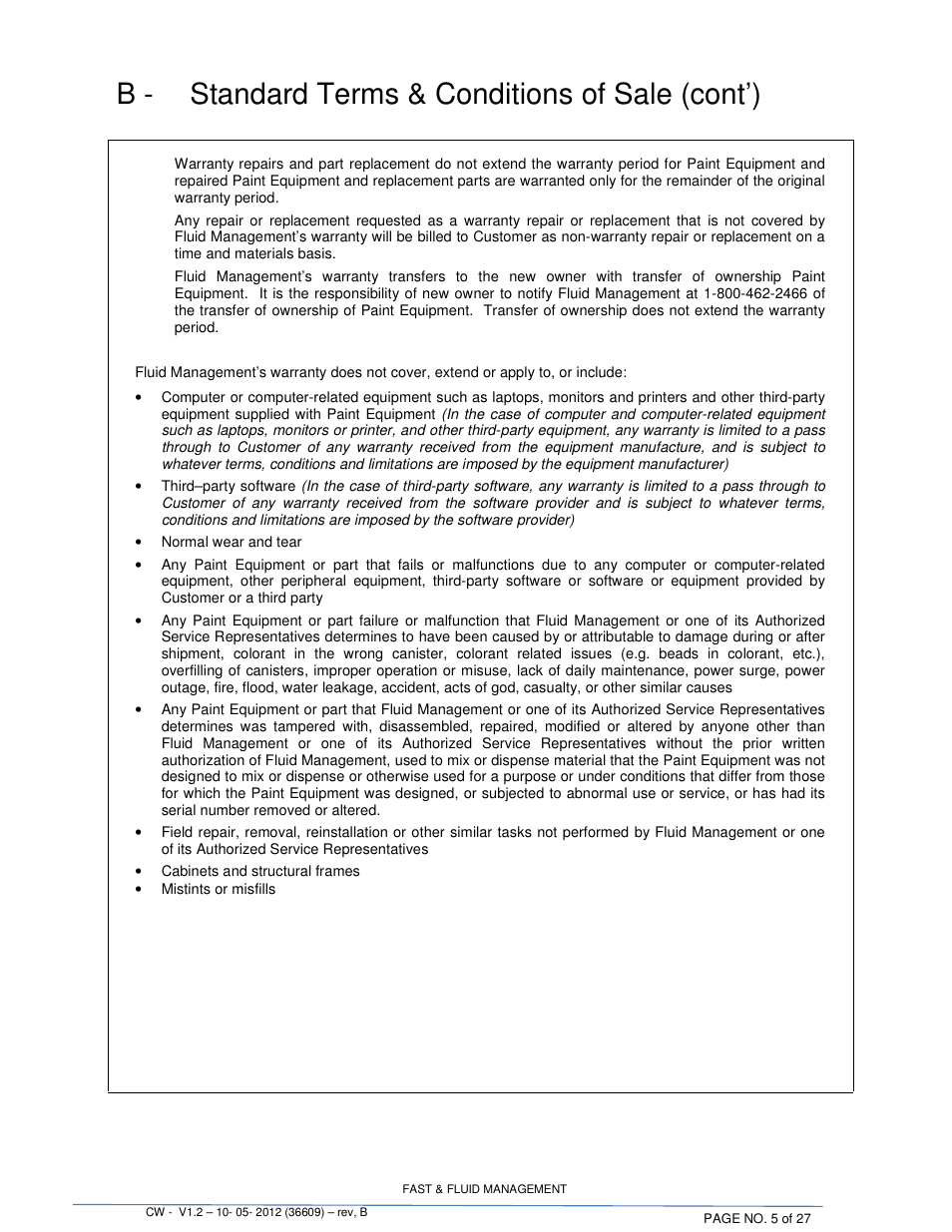 B - standard terms & conditions of sale (cont’) | Fluid Management 22CW Blendorama User Manual | Page 5 / 27