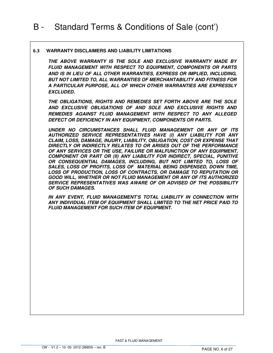 B - standard terms & conditions of sale (cont’) | Fluid Management 22CW Blendorama User Manual | Page 6 / 27