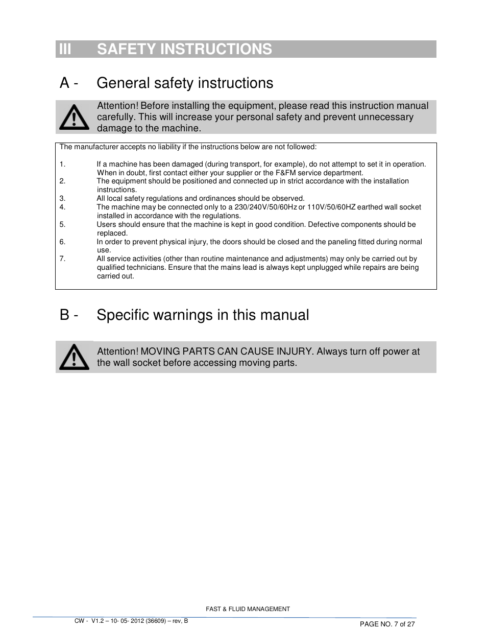 Iii safety instructions, A - general safety instructions, B - specific warnings in this manual | Fluid Management 22CW Blendorama User Manual | Page 7 / 27