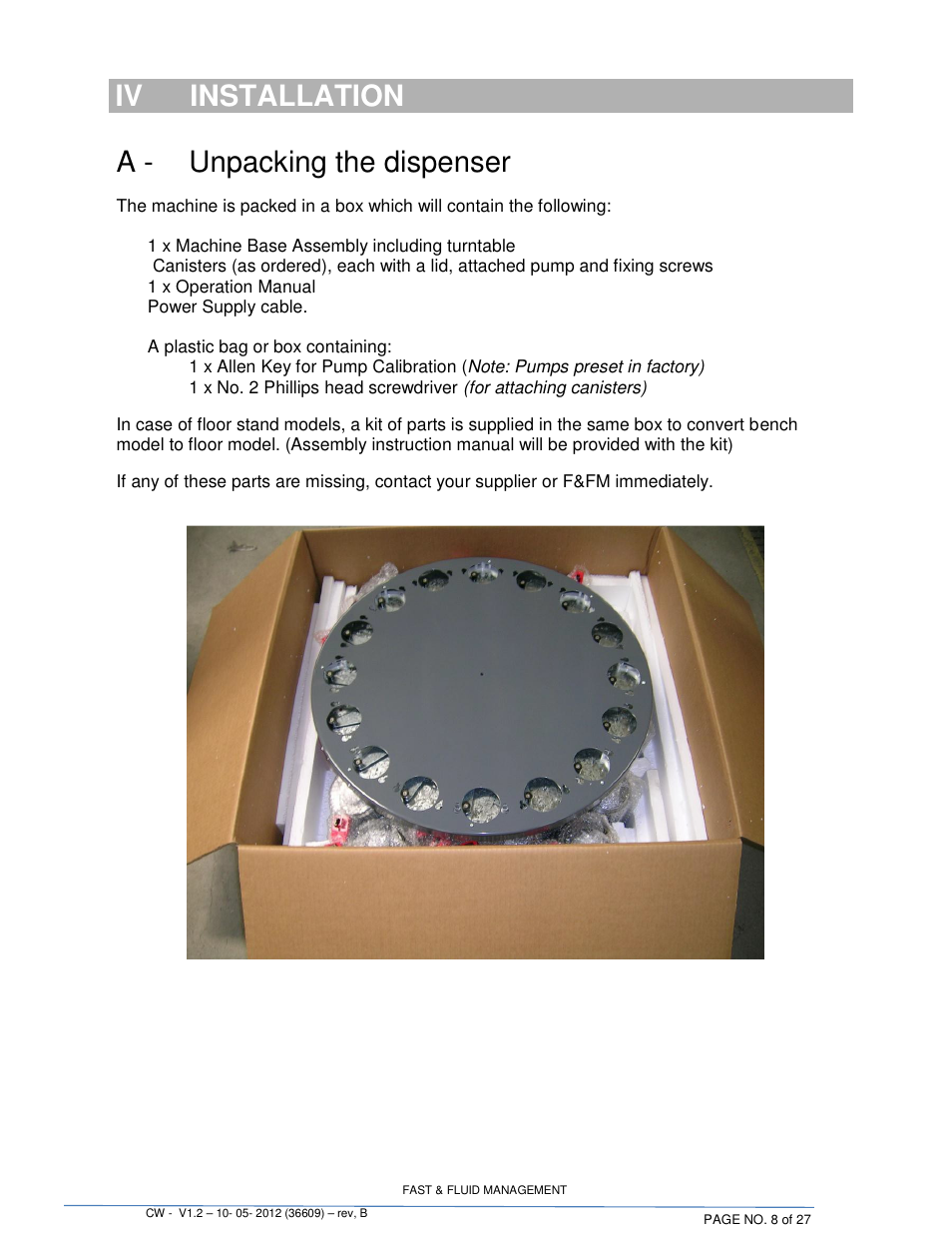 Iv installation, A - unpacking the dispenser | Fluid Management 22CW Blendorama User Manual | Page 8 / 27