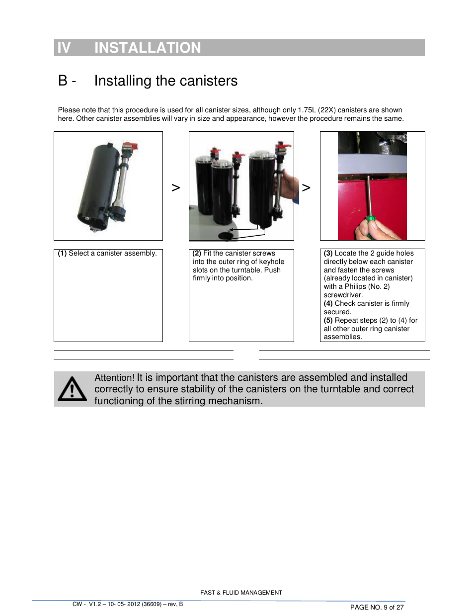 Iv installation, B - installing the canisters | Fluid Management 22CW Blendorama User Manual | Page 9 / 27