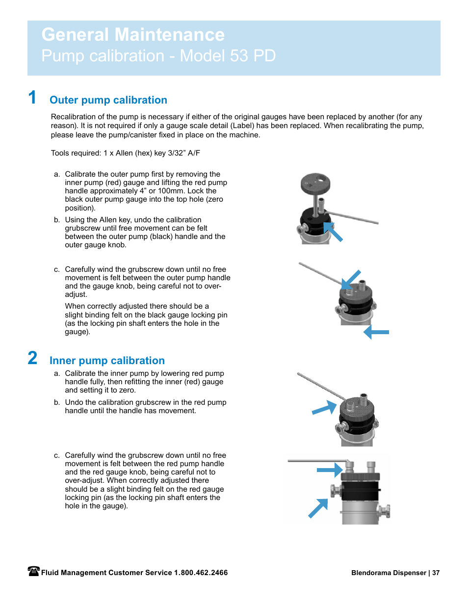 General maintenance, Pump calibration - model 53 pd, Outer pump calibration | Inner pump calibration | Fluid Management 53PD Blendorama User Manual User Manual | Page 39 / 43