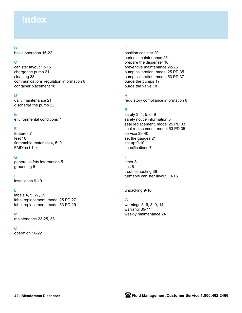 Index | Fluid Management 53PD Blendorama User Manual User Manual | Page 41 / 43