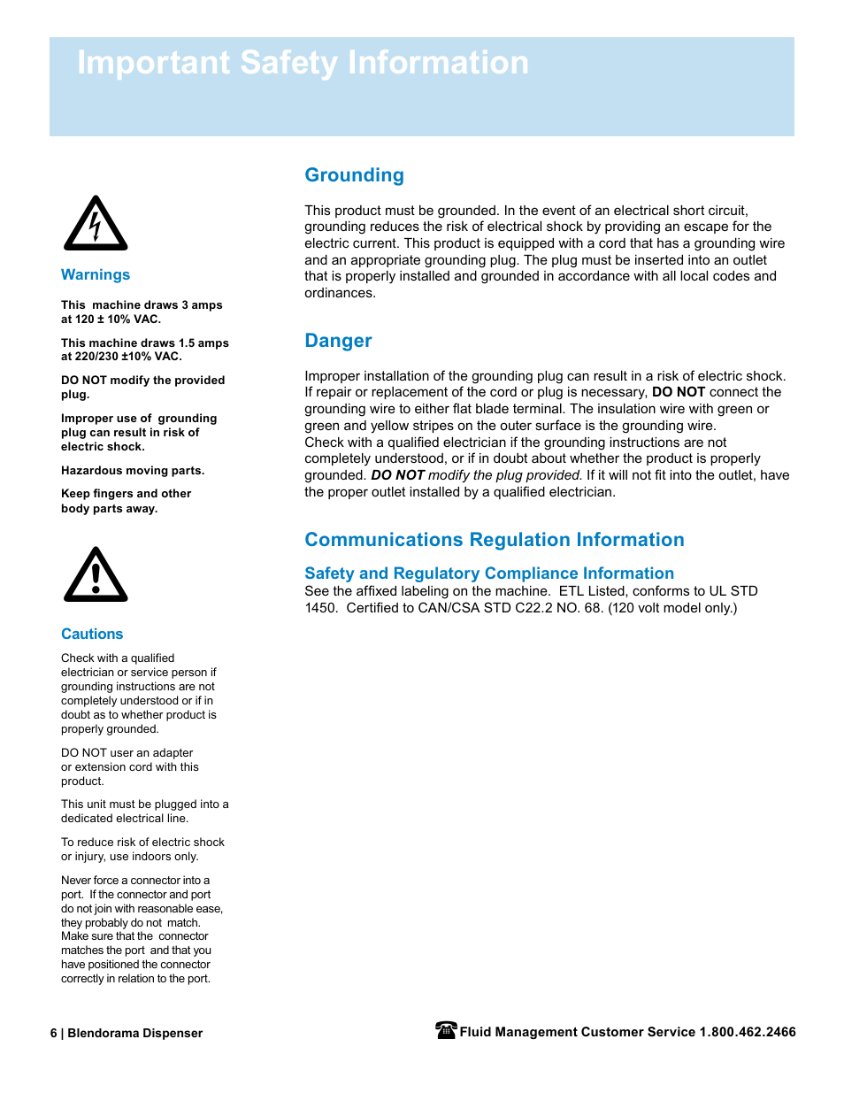 Important safety information, Grounding, Danger | Communications regulation information | Fluid Management 53PD Blendorama User Manual User Manual | Page 8 / 43