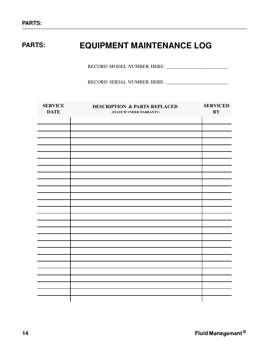 Equipment maintenance log, Parts | Fluid Management NSC80 Harbil User Manual | Page 14 / 24