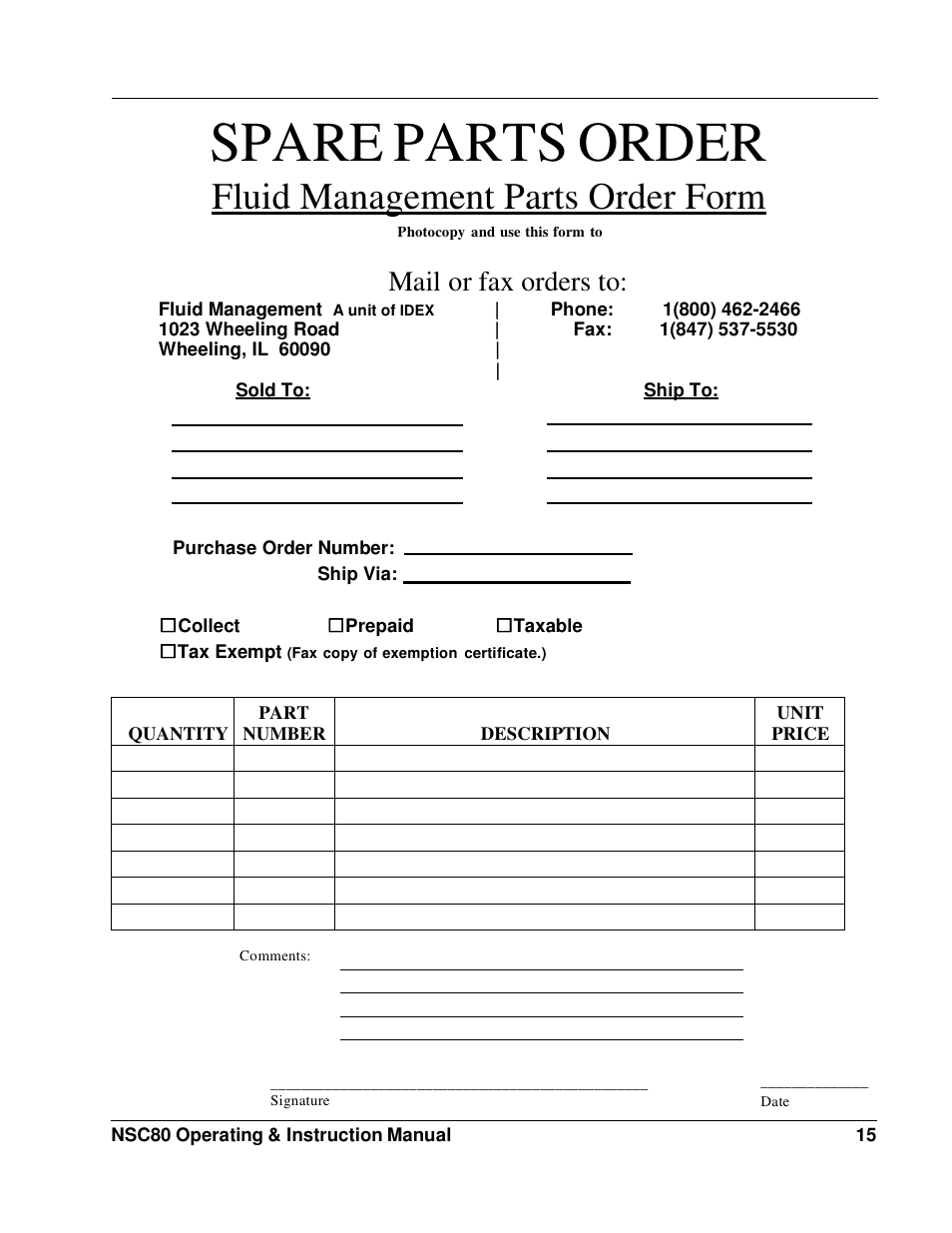 Spare parts order, Fluid management parts order form, Mail or fax orders to | Fluid Management NSC80 Harbil User Manual | Page 15 / 24
