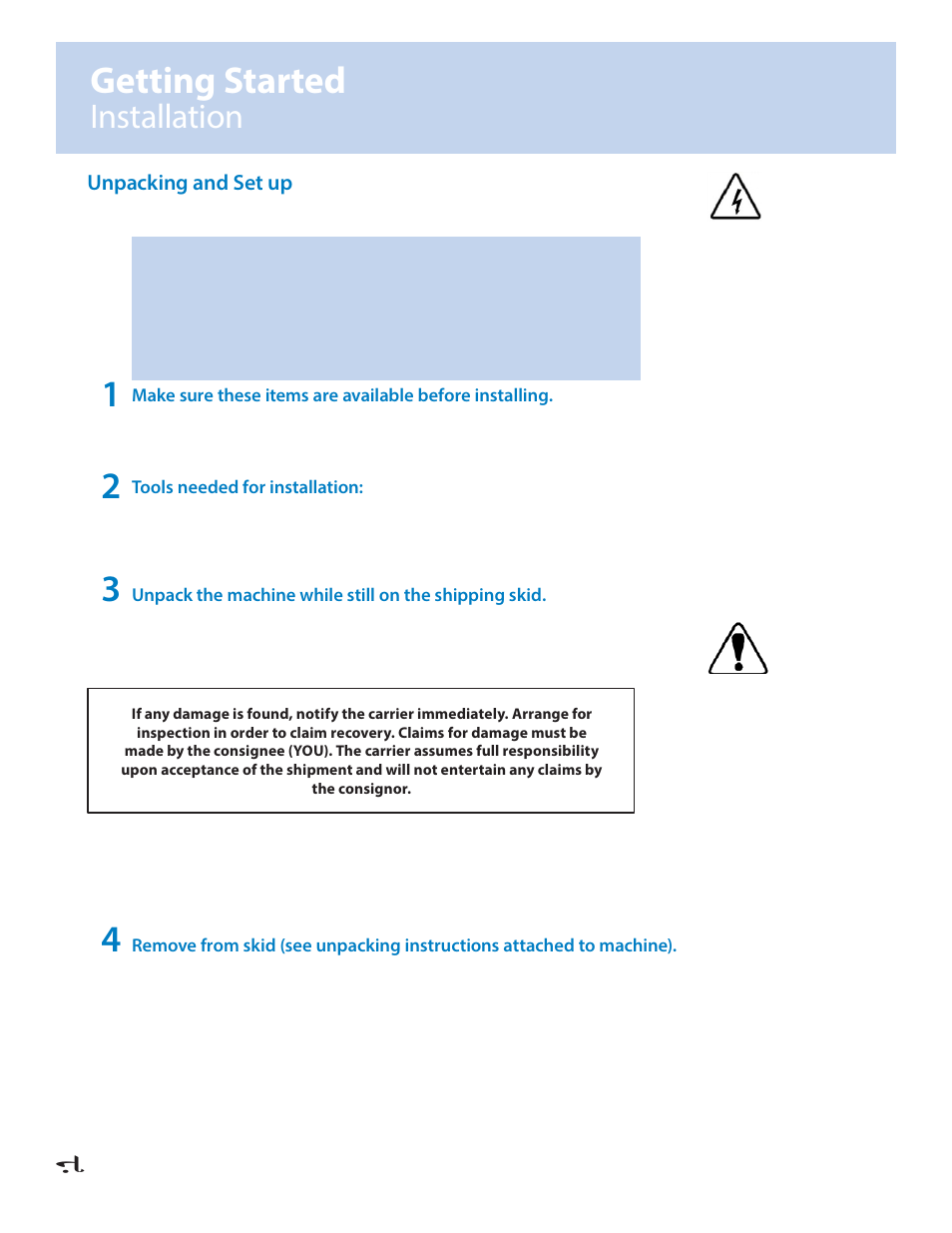 Getting started, Installation, Unpacking and set up | Fluid Management VR-1 Mixer User Manual | Page 10 / 23