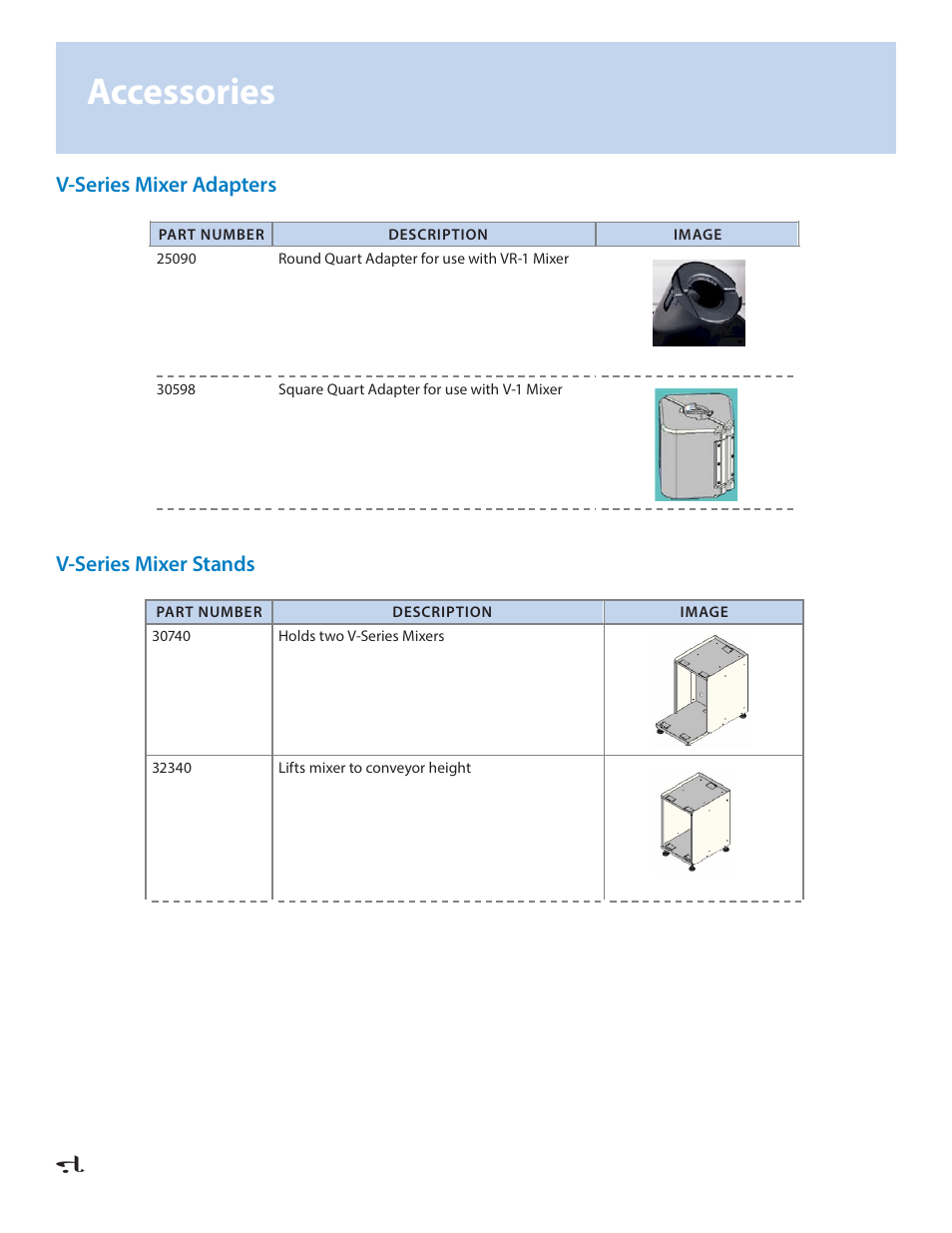Accessories, V-series mixer adapters, V-series mixer stands | Fluid Management VR-1 Mixer User Manual | Page 14 / 23