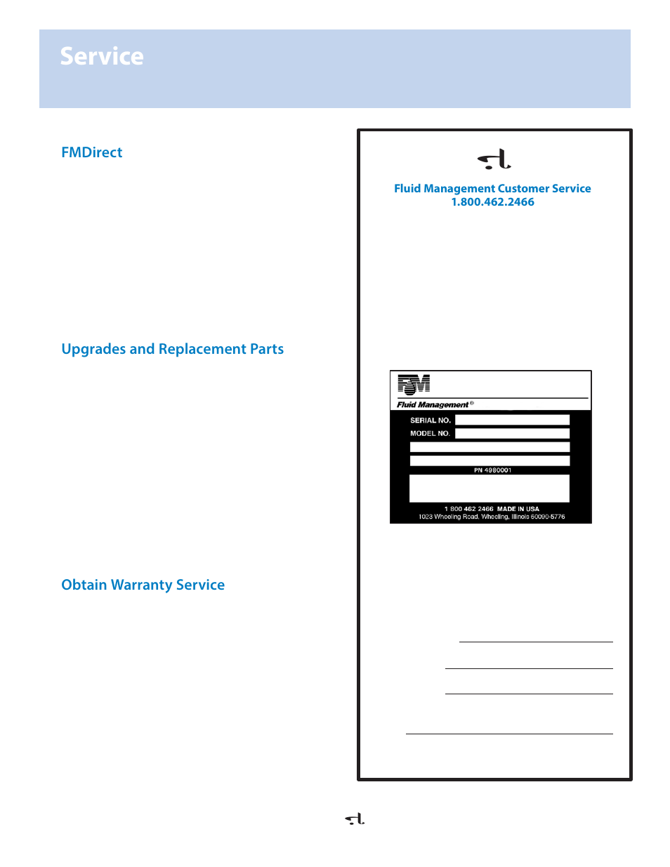 Service, Fmdirect, Upgrades and replacement parts | Obtain warranty service | Fluid Management VR-1 Mixer User Manual | Page 17 / 23