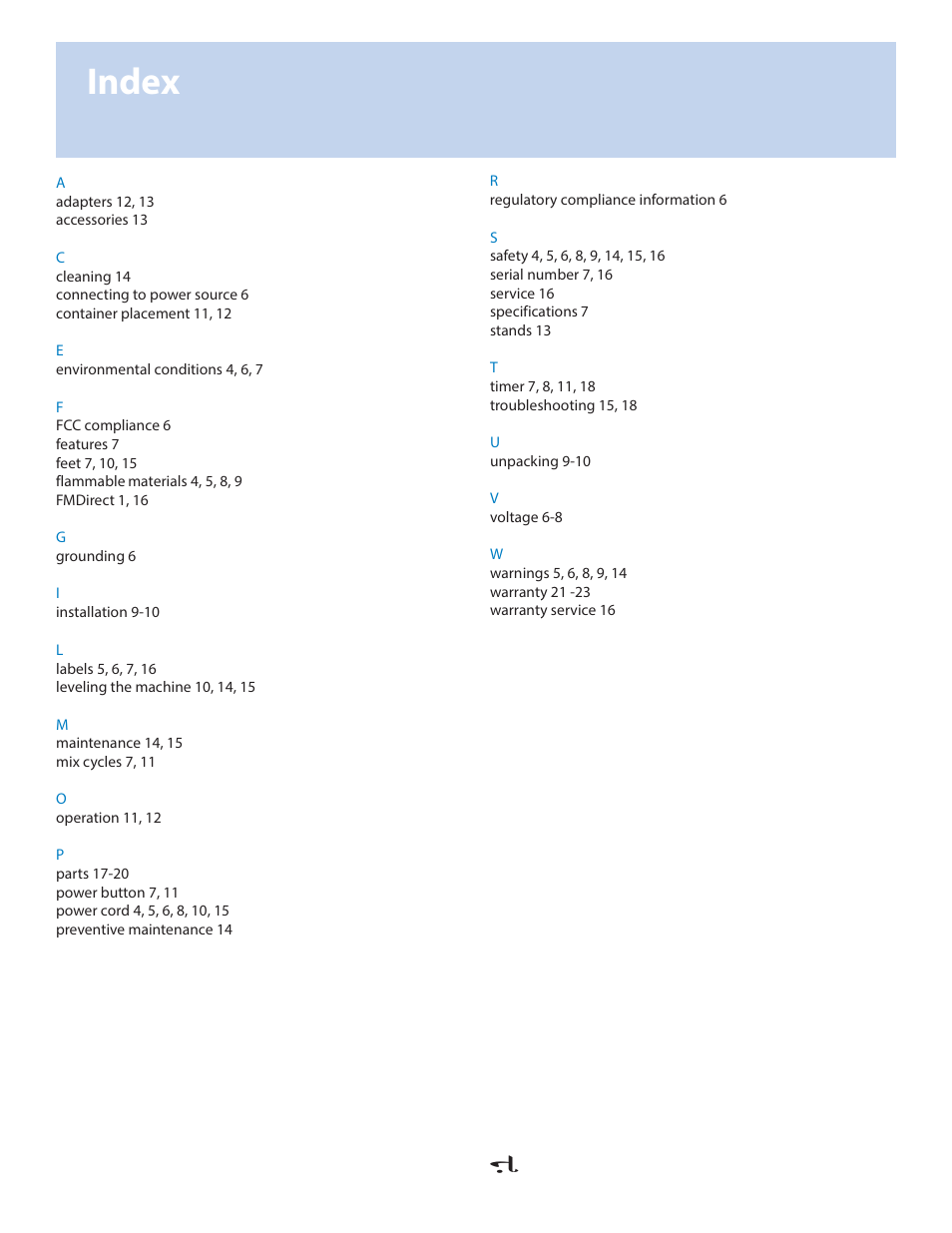 Fluid management statement of limted warranty 2011, Index | Fluid Management VR-1 Mixer User Manual | Page 22 / 23