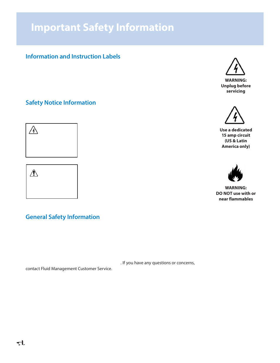 Important safety information, Information and instruction labels, Safety notice information | General safety information | Fluid Management VR-1 Mixer User Manual | Page 6 / 23