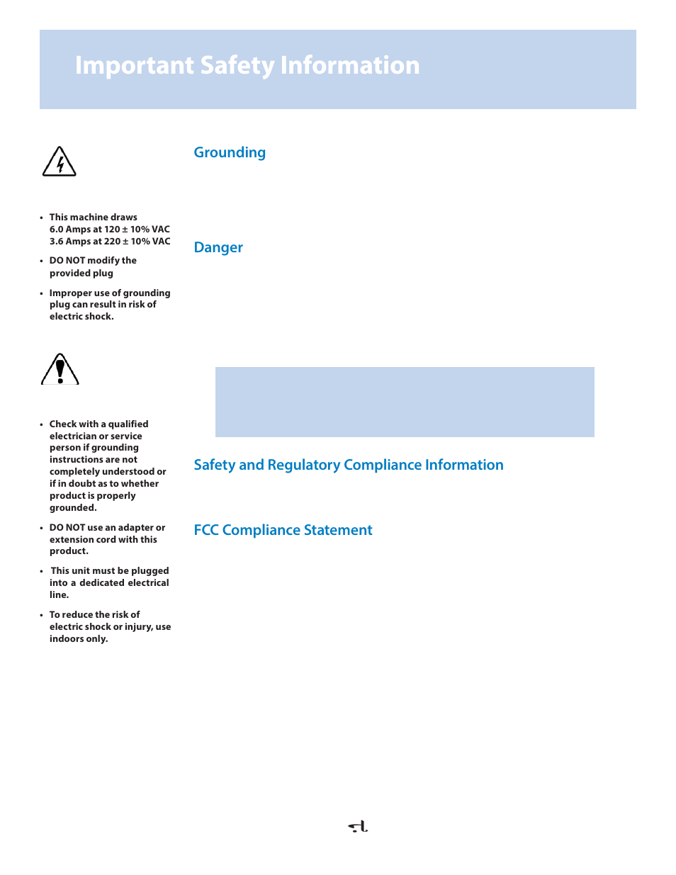 Important safety information, Grounding, Danger | Safety and regulatory compliance information, Fcc compliance statement | Fluid Management VR-1 Mixer User Manual | Page 7 / 23