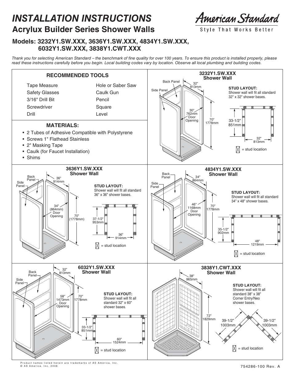 American Standard Shower Wall 3232Y1.SW.XXX User Manual | 4 pages