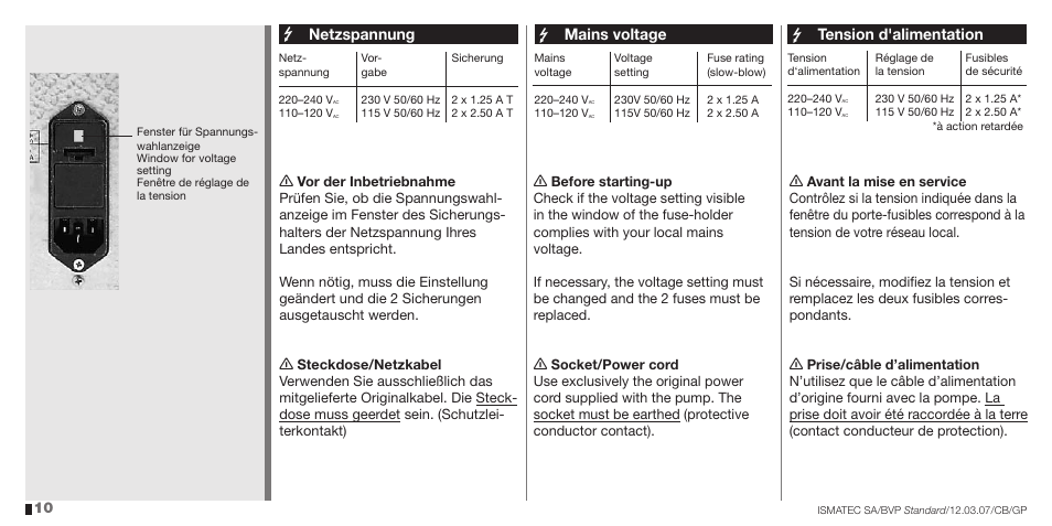 Netzspannung, Tension d'alimentation, Mains voltage | IDEX Health & Science BVP Standard User Manual | Page 10 / 36