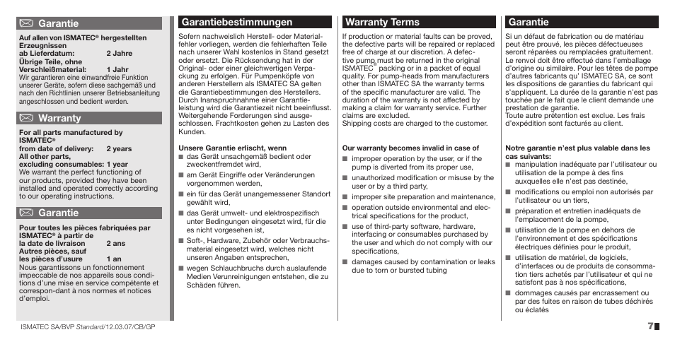 Garantiebestimmungen, Warranty terms, Garantie | Warranty | IDEX Health & Science BVP Standard User Manual | Page 7 / 36