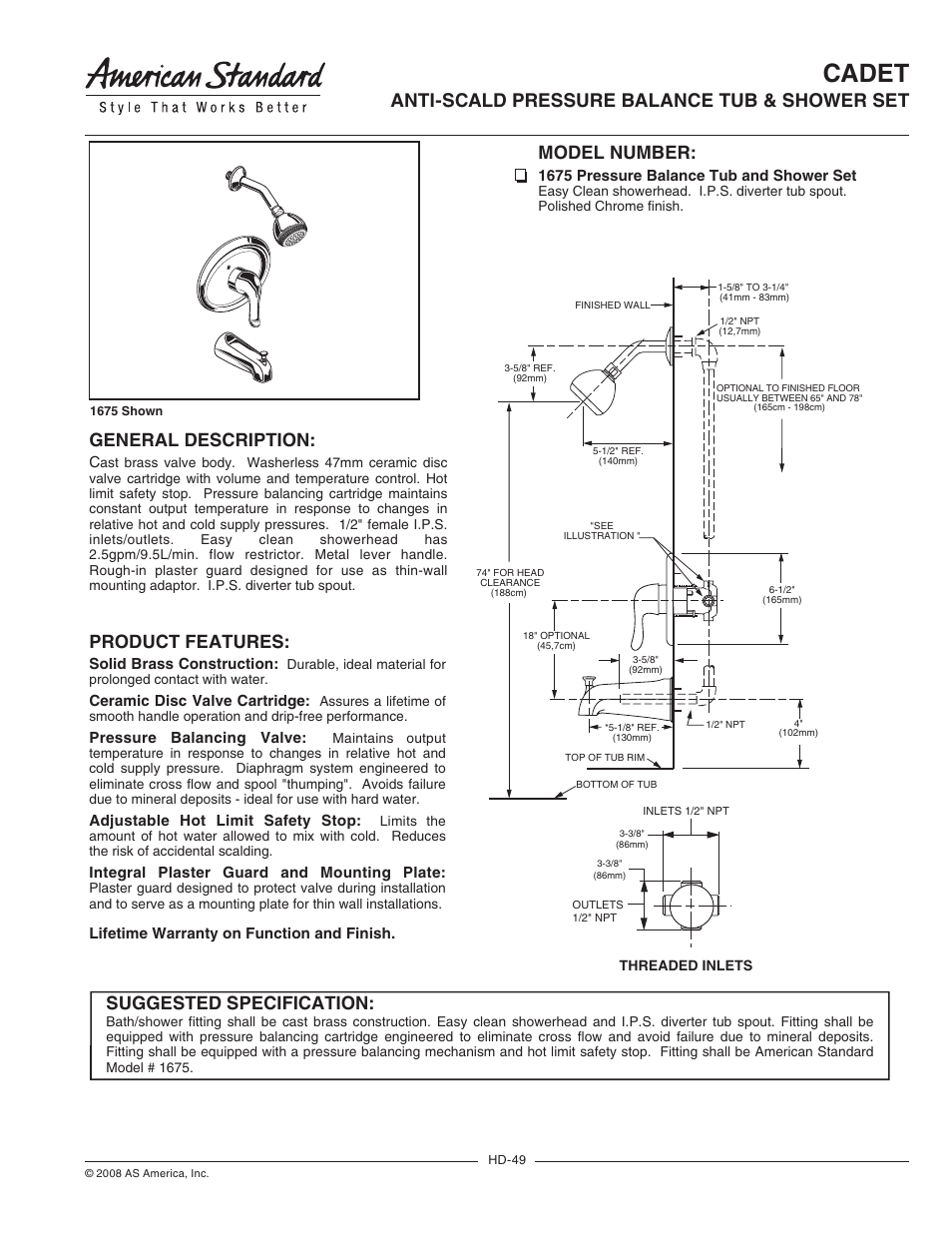 American Standard Cadet Anti-Scald Pressure Balance Tub & Shower Set 1675 User Manual | 2 pages