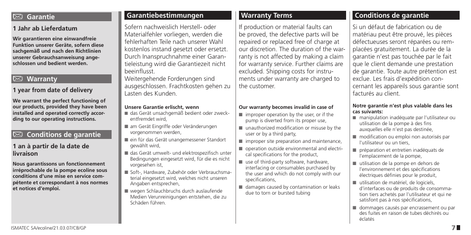 Garantiebestimmungen, Warranty terms, Garantie | Warranty, Conditions de garantie | IDEX Health & Science Ecoline User Manual | Page 7 / 36