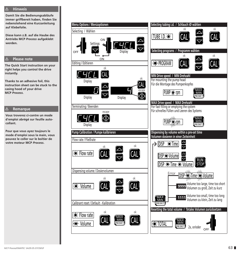 Flow rate volume flow rate volume, Disp time, Total | Program pump rpm pump rpm tube i.d, Disp volume, Disp time volume | IDEX Health & Science MCP Process – version with Settings Menu User Manual | Page 63 / 64