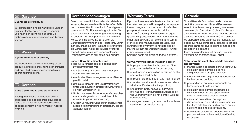 Warranty terms, Garantie, Warranty | Garantiebestimmungen | IDEX Health & Science MS-CA User Manual | Page 7 / 24