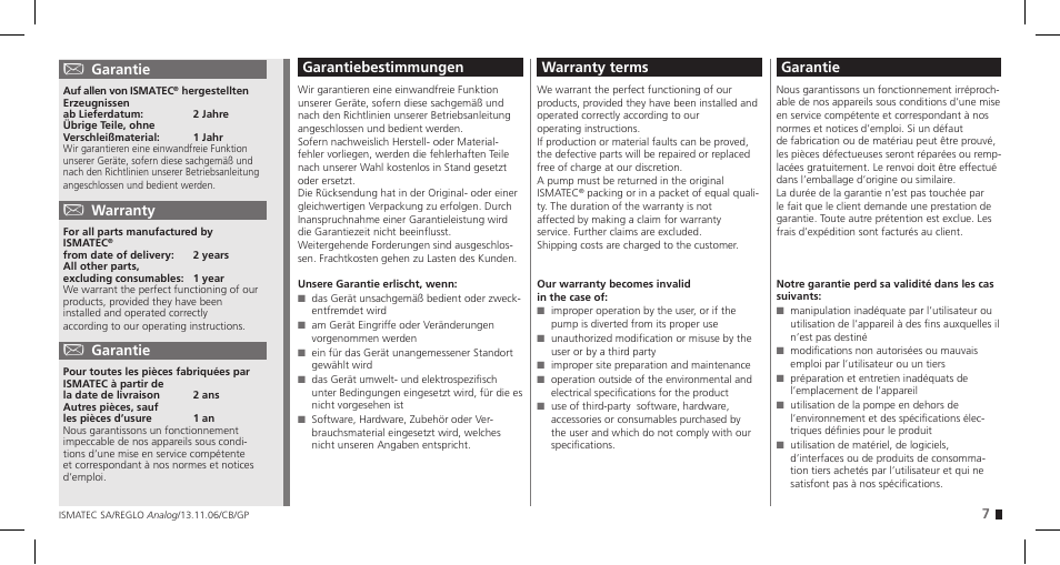 Garantiebestimmungen, Warranty terms, Garantie | Warranty | IDEX Health & Science REGLO Analog User Manual | Page 7 / 32